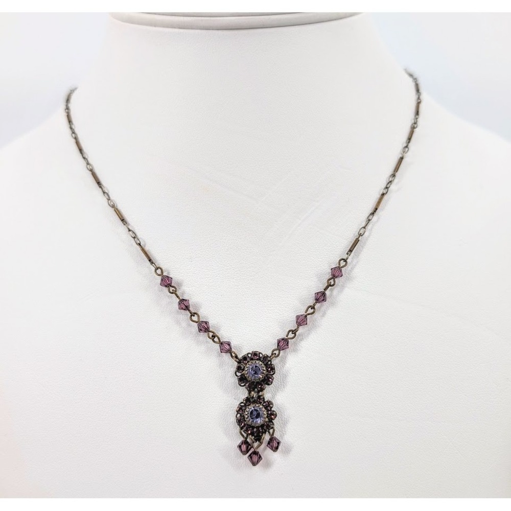 Liz Palacios Necklace Floral Purple Crystal Brass Tone Chain Victorian Revival